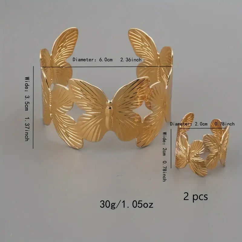 Chic Butterfly Bangle & Ring Set - Classic Style Iron Jewelry for Women, Perfect for Parties