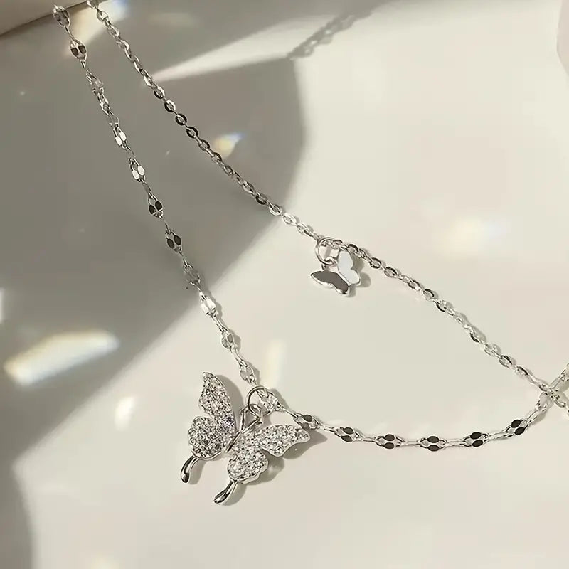 Double Layer Alloy Necklace With -encrusted Butterfly Pendant Silver