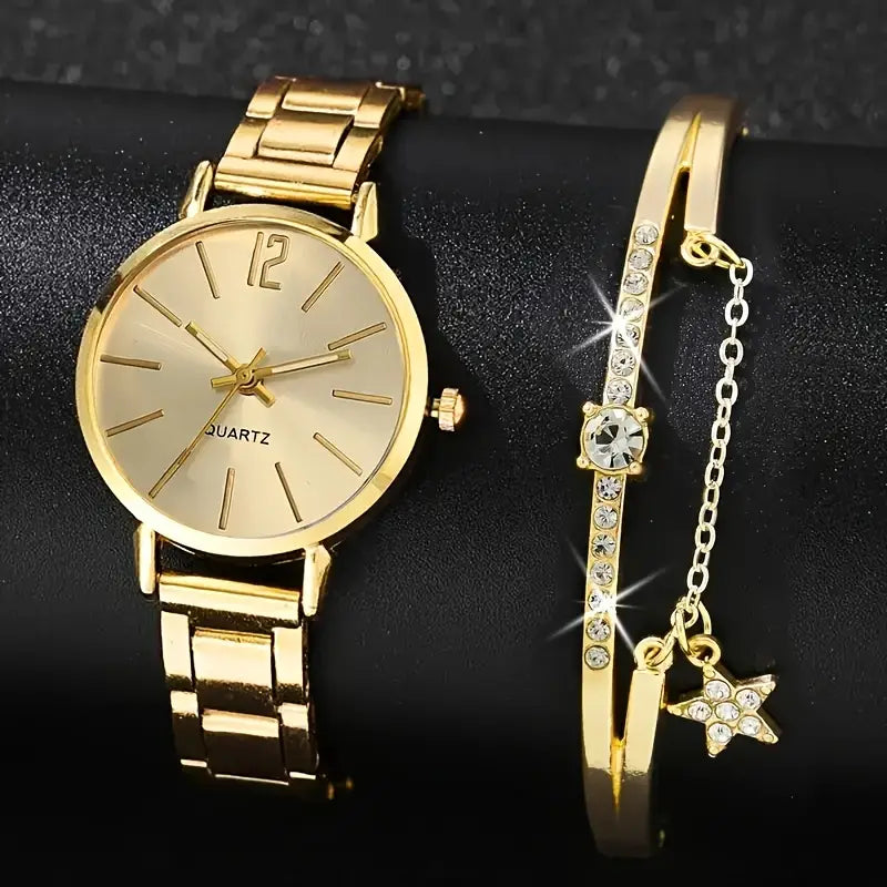 A Set Of 2 Fashionable Ladies' Watches And Sparkling Star Bracelets, With Zinc Alloy Golden Straps And Cases