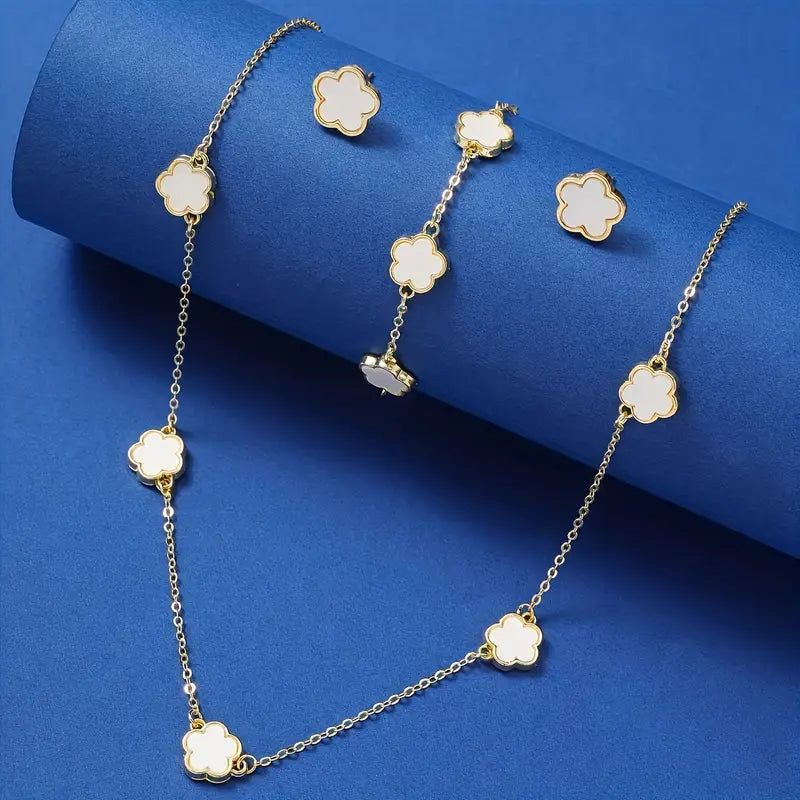 4pcs Ear Studs + Necklace + Bracelet Chic Jewelry Set Trendy Lucky Flower Design