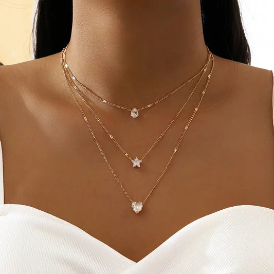 Luxurious Crystal Zirconia Heart Star Charm Pendant Necklace Set for Women