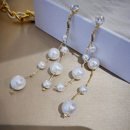 Elegant Faux Pearl Long Tassel Earrings Party Jewelry For Women Girls Banquet Prom