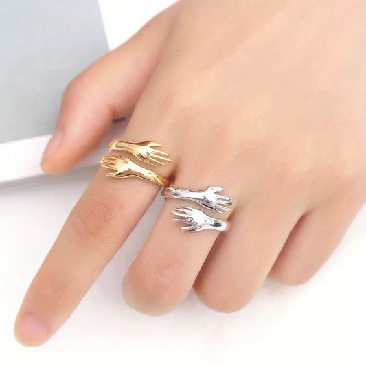 Men's Bohemian Simple Retro Alloy Hands Hug-Shaped Open Ring, For Daily Wear (Gold Color)