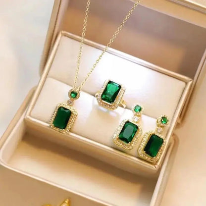 Luxury Jewelry Set, Fashion Emerald Green Artificial Crystal Necklace, Earrings & Ring, Elegant Banquet Bridal Accessory Gift Set, Banquet Jewelry Set