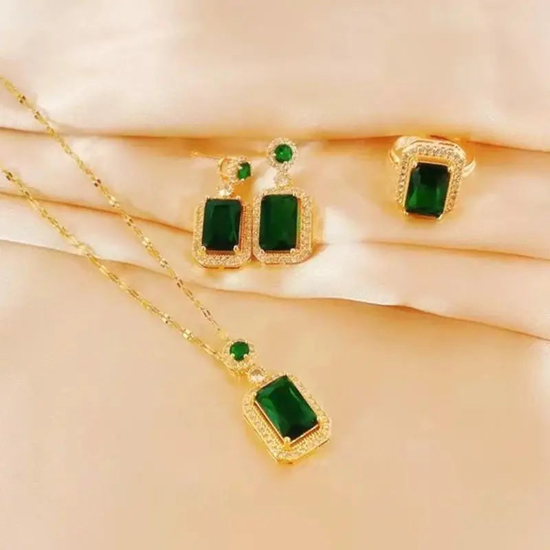 Luxury Jewelry Set, Fashion Emerald Green Artificial Crystal Necklace, Earrings & Ring, Elegant Banquet Bridal Accessory Gift Set, Banquet Jewelry Set