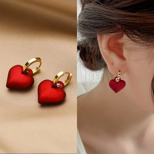 Exquisite Red Heart-Shaped Dangle Earrings with Shiny Finish