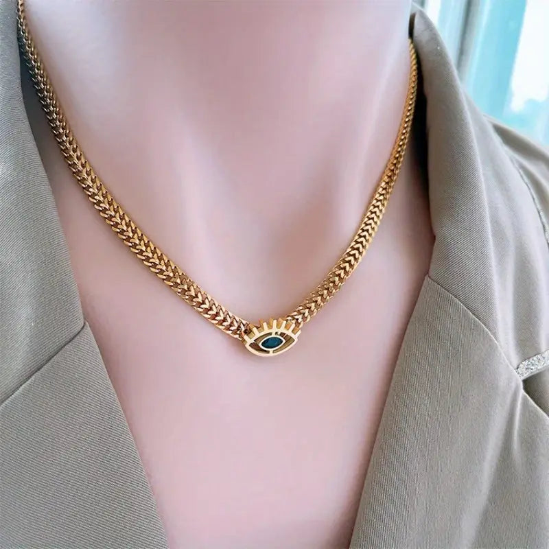 Vintage Luxury Style Titanium Steel Necklace with Blue Eye Pendant - No Plating Thick Chain Necklace for Daily Wear, Unisex Hip-Hop Fashion Accessory