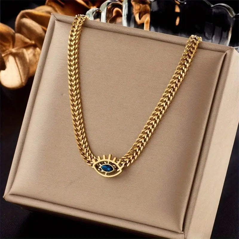 Vintage Luxury Style Titanium Steel Necklace with Blue Eye Pendant - No Plating Thick Chain Necklace for Daily Wear, Unisex Hip-Hop Fashion Accessory