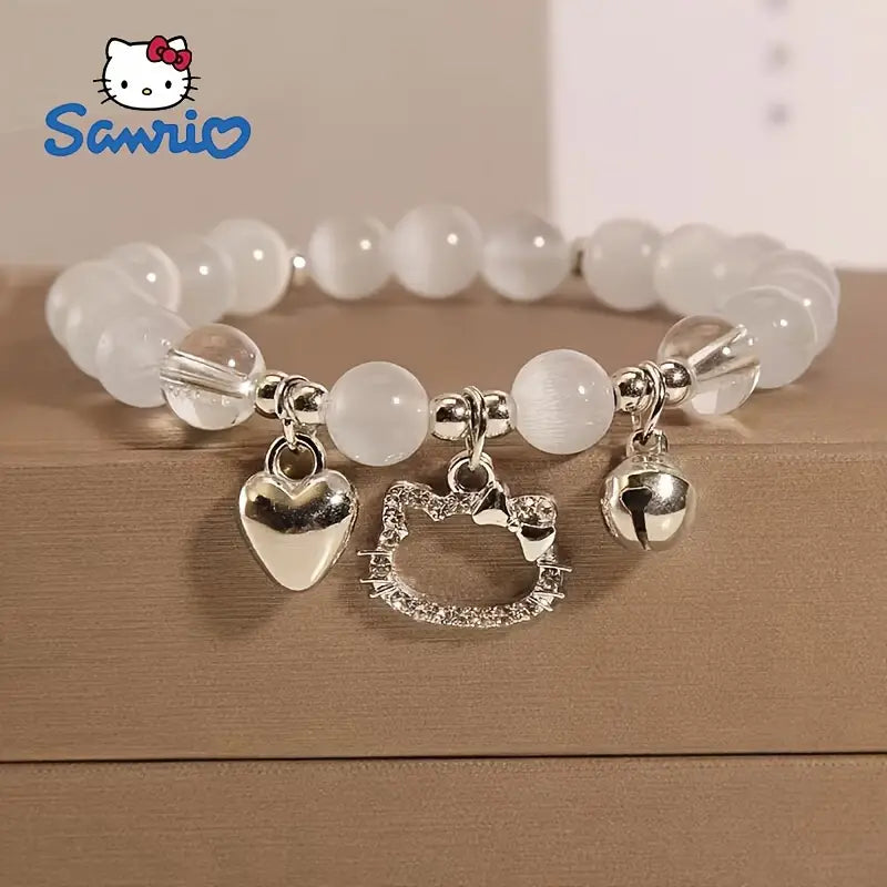 Sanrio Hello Kitty Y2K Style Beaded Elastic Bracelet with Heart-Shaped Charms