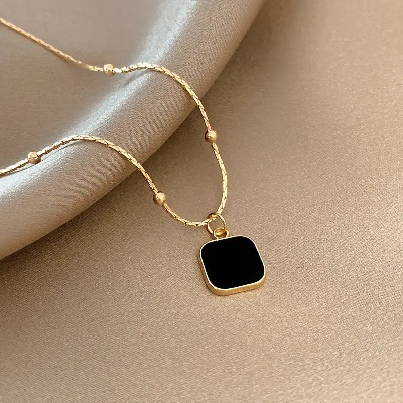 Black Square Pendant Necklace Golden Neck Chain Jewelry