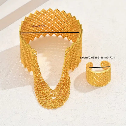 Vintage Luxury 18K Golden Plated Wide Cuff Bracelet and Ring Set