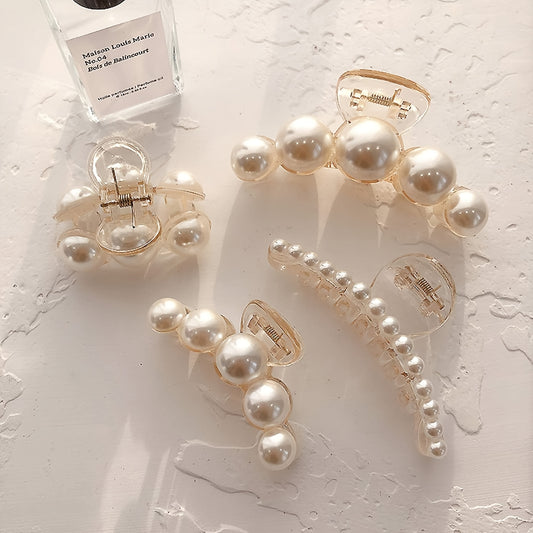 4pcs French Faux Pearl Hair Claw Clip White Elegant Non-Slip Strong Hold Grip Hair Jaw Clip For Thick Hair Accessories