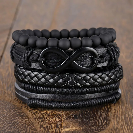 4pcs Möbius Strip Men's Pu Leather Bracelet, Vintage Beads Leather Multi