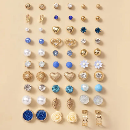 30 Pairs Set Of Delicate Stud Earrings Blue