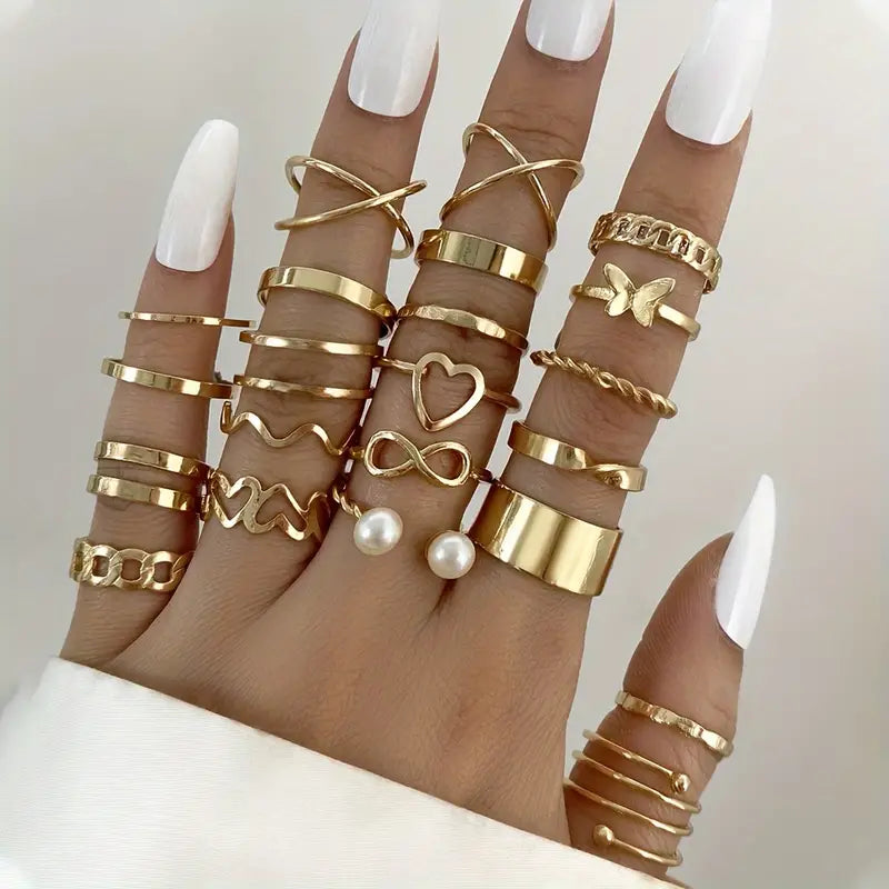 22pcs Fashion Stacking Rings Trendy Chain Butterfly Heart Design Mix