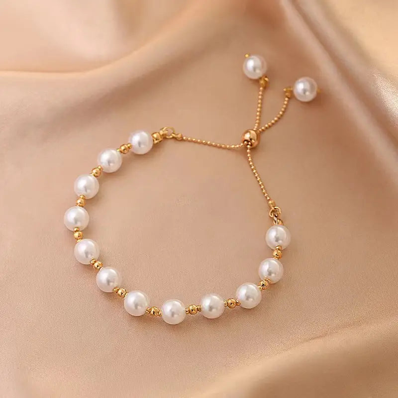 Elegant Faux Pearls Beaded Bracelet, Adjustable Hand Jewelry