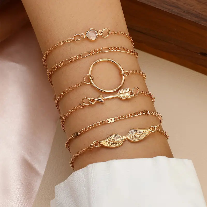 6pcs/Set Simple Chain Angel Wings Rhinestone Stacking Bracelet