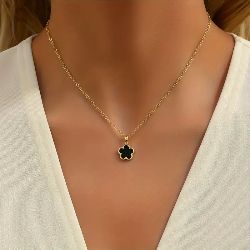 Black Elegant Five-petal Flower Pendant Necklace