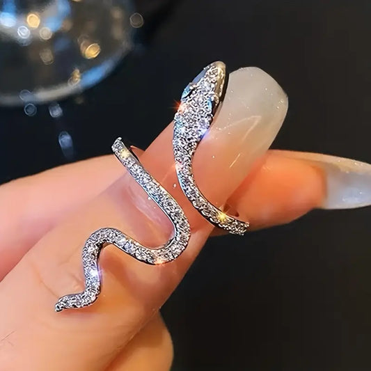 1pc Chic Wrap Ring Trendy Snake Design Paved Shining Rhinestone- Silver