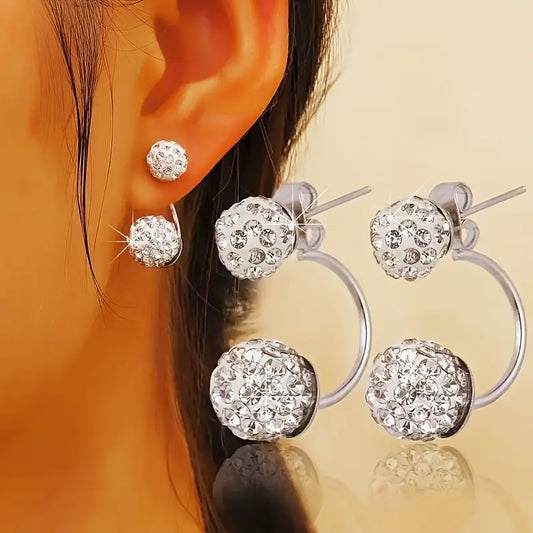 Double Ball Design Hoop Earrings Embellished With Shiny Rhinestones