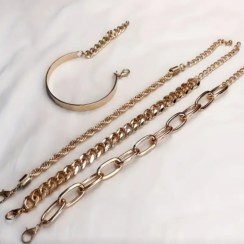4pcs Chunky Cuban Chain Bracelet Set Punk Style Zinc Alloy Hand Chain Jewelry Set