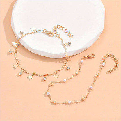 2 Pcs Thin Chain Anklet Set With Star Tassel Pendant Ankle Bracelet Set Inlaid Shiny Rhinestones