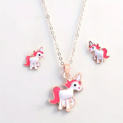 3pcs/set Creative Dripping Oil Cartoon Unicorn Pendant Necklace + Earrings Set