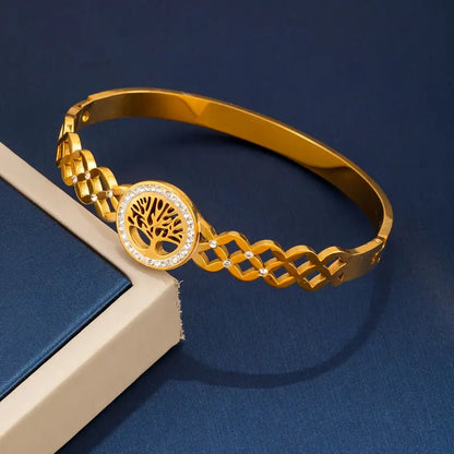 1pc Golden Tree Of Life Design Bracelet, Stainless Steel Bangle For Men/Women