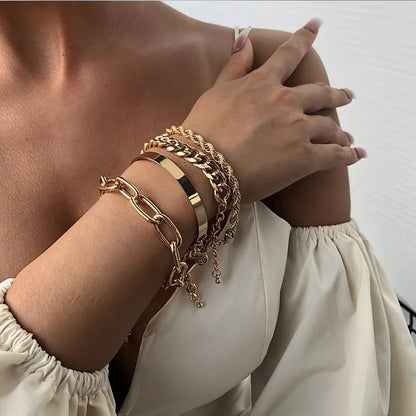 4pcs Chunky Cuban Chain Bracelet Set Punk Style Zinc Alloy Hand Chain Jewelry Set