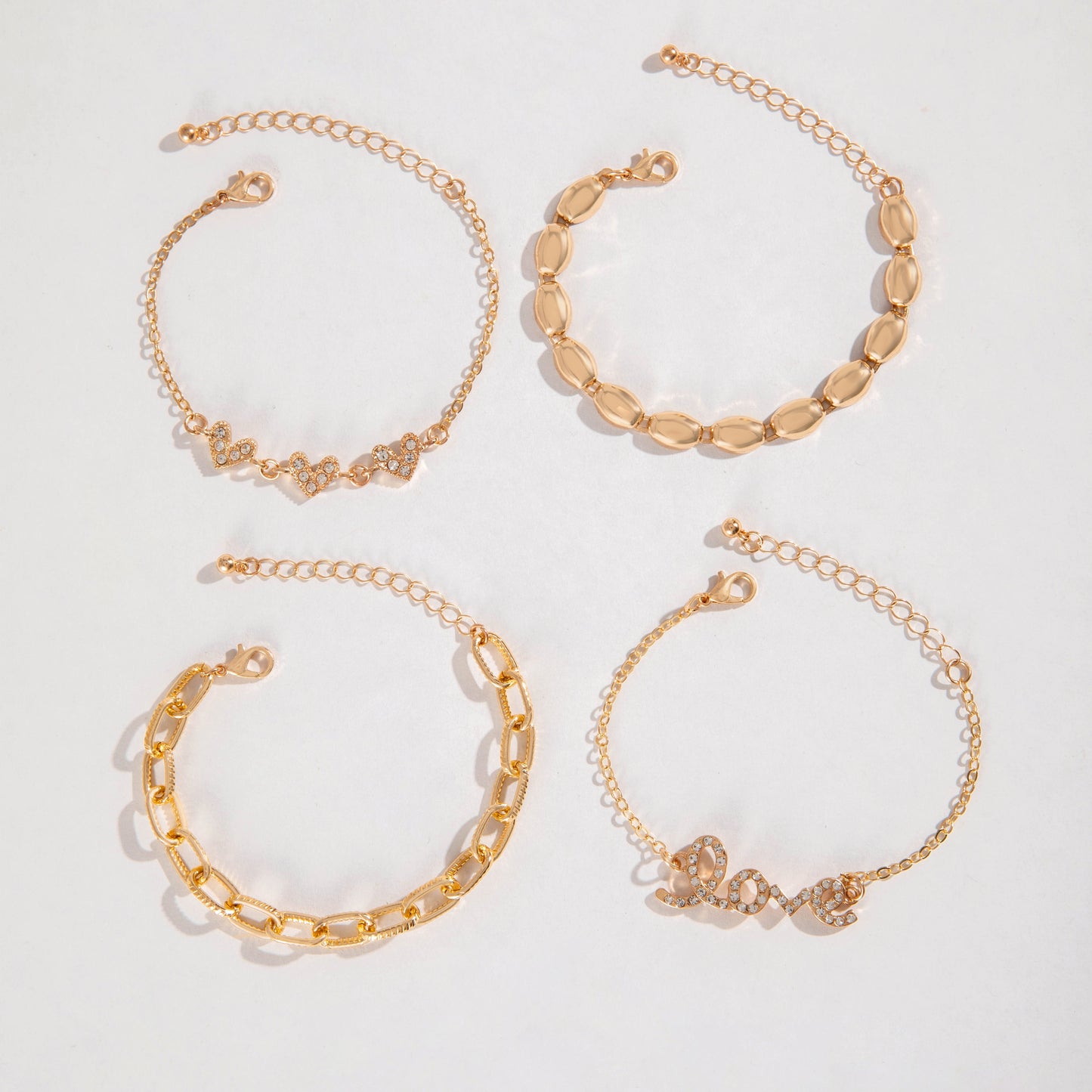 4pcs Chic Bracelets Trendy Chain, Love, Heart Design Paved Shining Stone