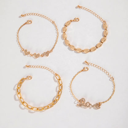 4pcs Chic Bracelets Trendy Chain, Love, Heart Design Paved Shining Stone
