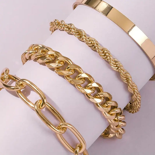 4pcs Chunky Cuban Chain Bracelet Set Punk Style Zinc Alloy Hand Chain Jewelry Set
