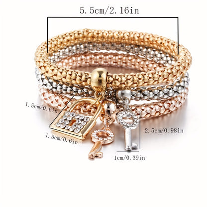 3 Pcs Stackable Bracelet Set With Lock & Key Shape Pendant Stretch Bracelet For Women Jewelry