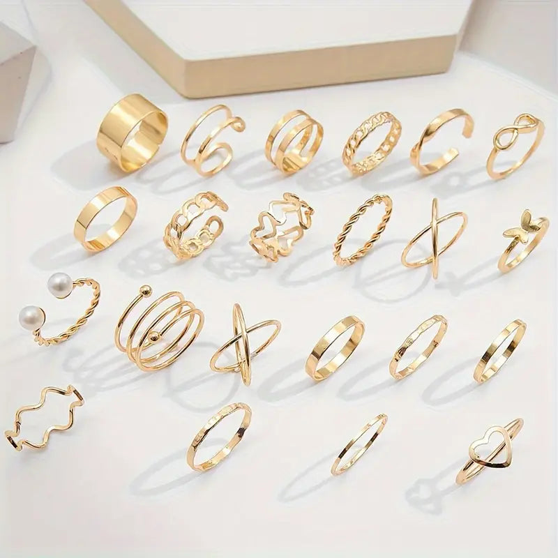 22pcs Fashion Stacking Rings Trendy Chain Butterfly Heart Design Mix