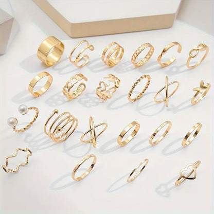 22pcs Fashion Stacking Rings Trendy Chain Butterfly Heart Design Mix