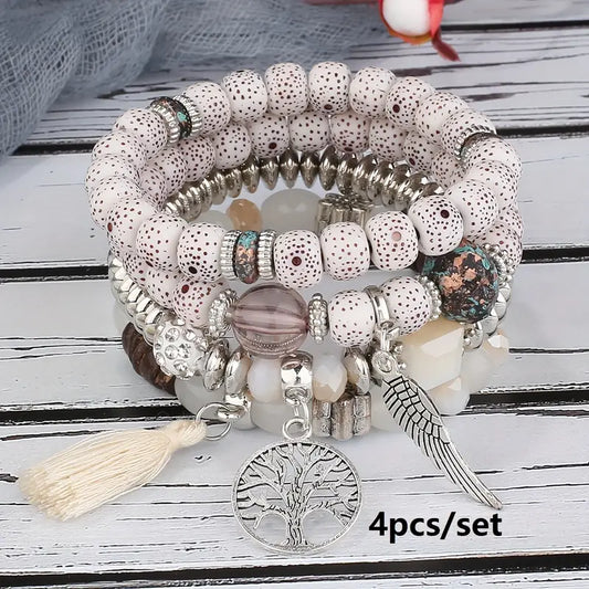 4pcs/set Bohemian Hand String, Tree Of Life Feather Wings Pendant Bracelet