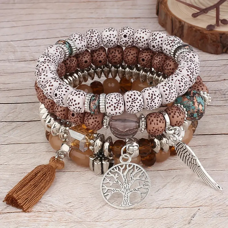 4pcs/set Bohemian Hand String, Tree Of Life Feather Wings Pendant Bracelet