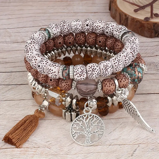 4pcs/set Bohemian Hand String, Tree Of Life Feather Wings Pendant Bracelet