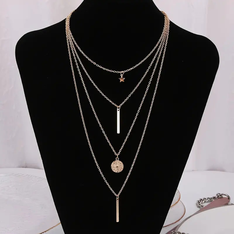 1pc Layered Star Bar Round Pendant Necklace