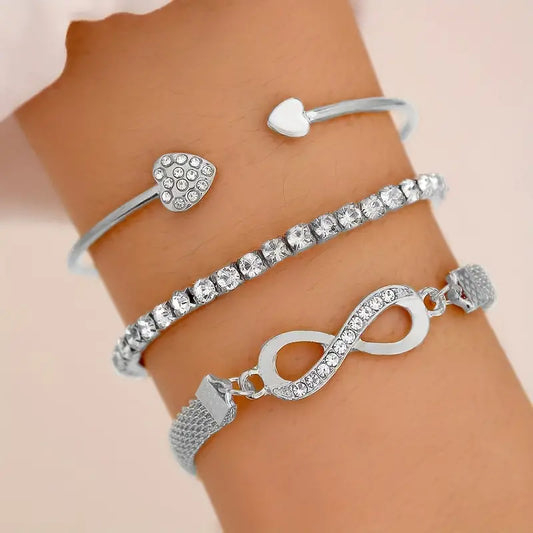 3pcs Silver Chain Bracelet Set Inlaid Shiny Rhinestone Stackable Hand Chain