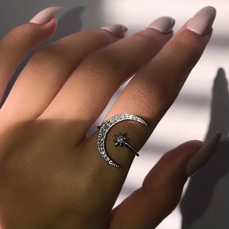 1pc Trendy Cuff Ring Moon And Star Design Crescent Shape Inlaid Rhinestone