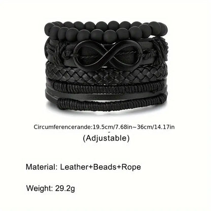 4pcs Möbius Strip Men's Pu Leather Bracelet, Vintage Beads Leather Multi