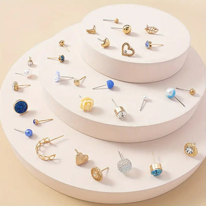 30 Pairs Set Of Delicate Stud Earrings Blue