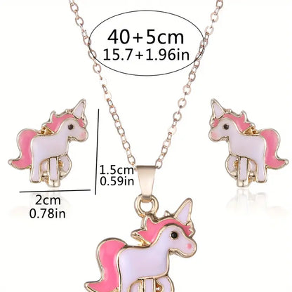 3pcs/set Creative Dripping Oil Cartoon Unicorn Pendant Necklace + Earrings Set