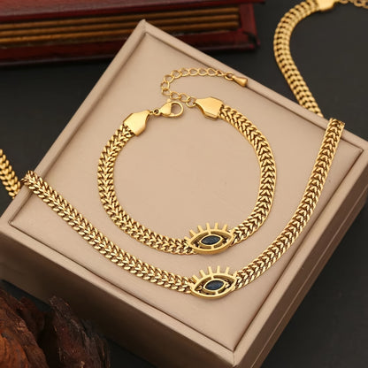 2pcs Golden Stainless Steel Temperament Retro Creative Hollow Blue Eyes Metal Chain Necklace Bracelet For Men And Women