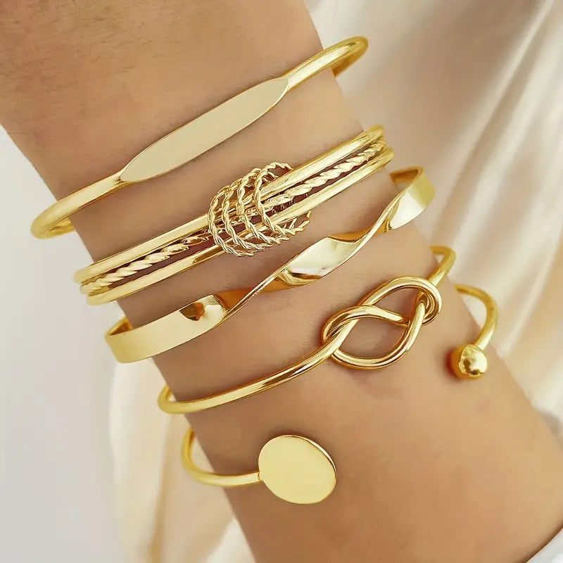 5pcs/Set Women's Elegant Cuff Bangles, Stackable Silver Color Hand Jewelry Party Favors
