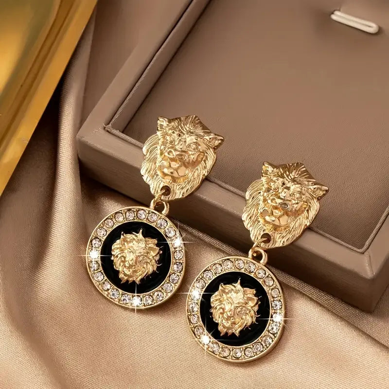 Elegant Vintage Golden Lion Head Drop Earrings With Rhinestone Detail