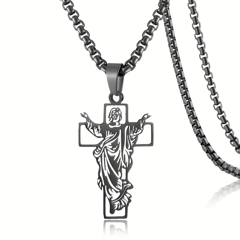 Men's Fashionable Stainless Steel Cross Pendant Necklace, Hip Hop Christian Jewelry