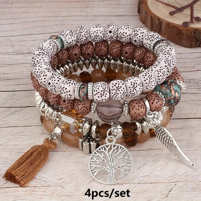 4pcs/set Bohemian Hand String, Tree Of Life Feather Wings Pendant Bracelet