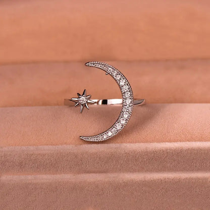 1pc Trendy Cuff Ring Moon And Star Design Crescent Shape Inlaid Rhinestone